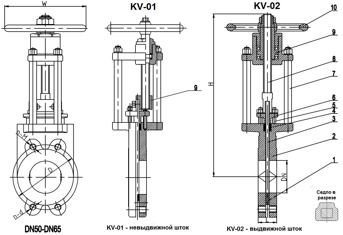 Задвижки шиберные ножевые DN(Ду) 50-600 PN(Ру) 10/16 двусторонние, корпус GGG40,  диск - SS AISI 304, седло EPDM. Серия ABRA-KV-01. Габариные размеры, веза, характеристики