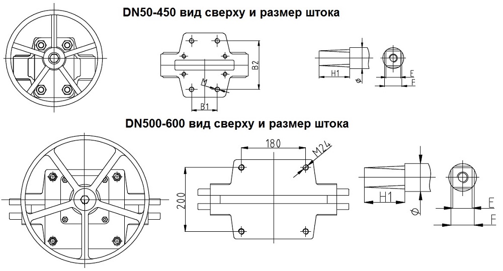 Шиберные задвижки ABRA KV01 - вид сверху и размер штока DN50-600