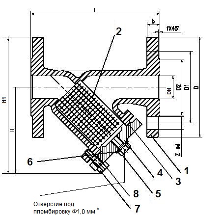 Чертеж габаритный фильтра ABRA-YF-3016-D сетчатого фланцевого чугунного ( размеры в таблице ниже) Фильтр сетчатый